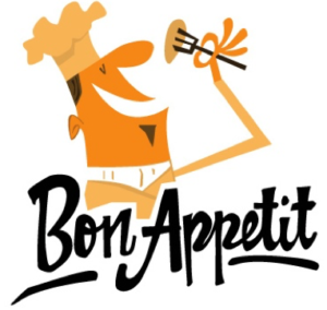 Cartoon chef eating with text "Bon Appetit"