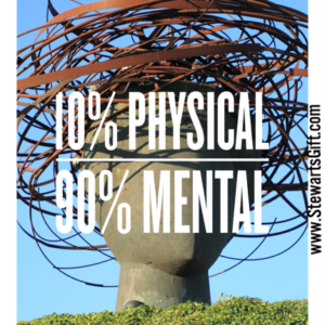 A concrete head sculpture with metal rings around the top with text "10% PHYSICAL | 90% MENTAL"