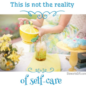 Lady pouring Tea into Glass with Ice with text "This is not the reality of self-care"