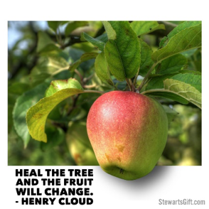 Tree hanging from tree with text "HEAL THE TREE AND THE FRUIT WILL CHANGE. -HENRY CLOUD"