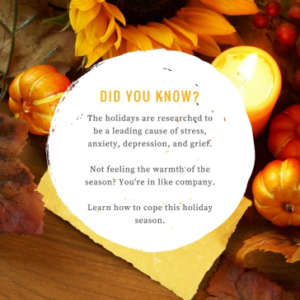 Text "DID YOU KNOW? The holidays are researched to be a leading cause of stress, anxiety, depression, and grief. Not feeling the warmth of the season? You're in like company. Learn how to cope this holiday season."