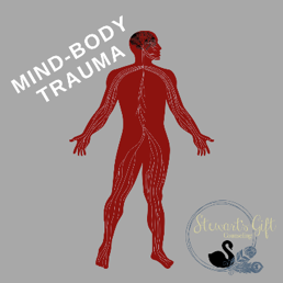 Illustrated Human body and nervous system with text "MIND-BODY TRAUMA"