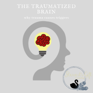 Illustrated head with brain inside text "THE TRAUMATIZED BRAIN"