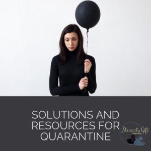 Woman with black balloon with Text "SOLUTIONS AND RESOURCES FOR QUARANTINE"